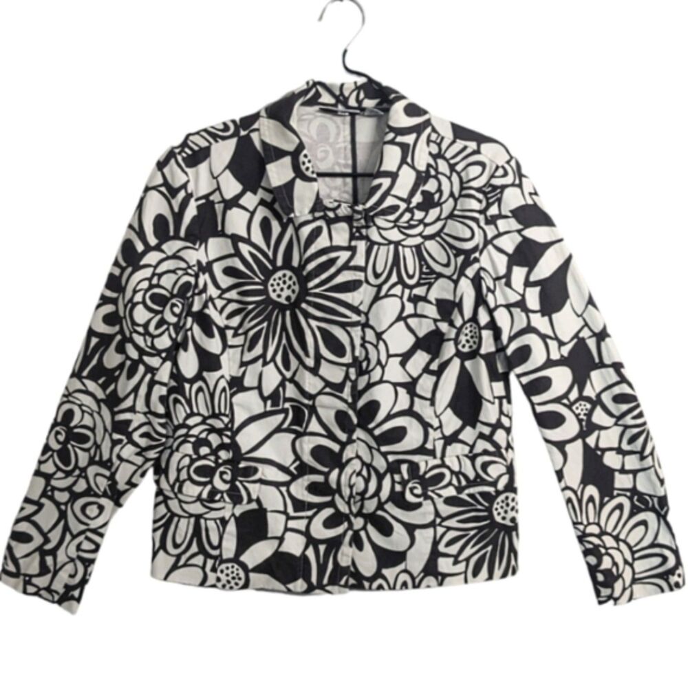 Chico's Ivory Black Floral Jacket Blazer Collared Button Front Princess Seams M
